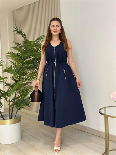 Twesty Çift Fermuarlı Beli Büzgülü Elbise Lacivert