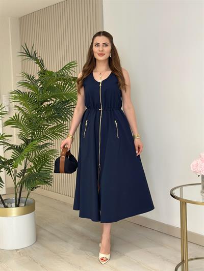 Twesty Çift Fermuarlı Beli Büzgülü Elbise Lacivert