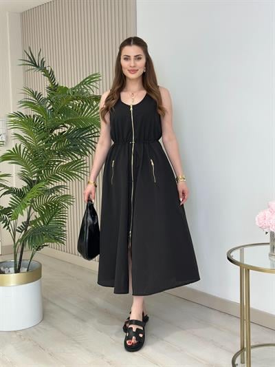 Twesty Çift Fermuarlı Beli Büzgülü Elbise Siyah