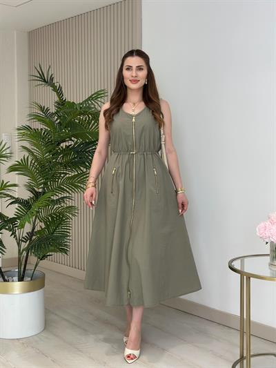 Twesty Çift Fermuarlı Beli Büzgülü Elbise Haki