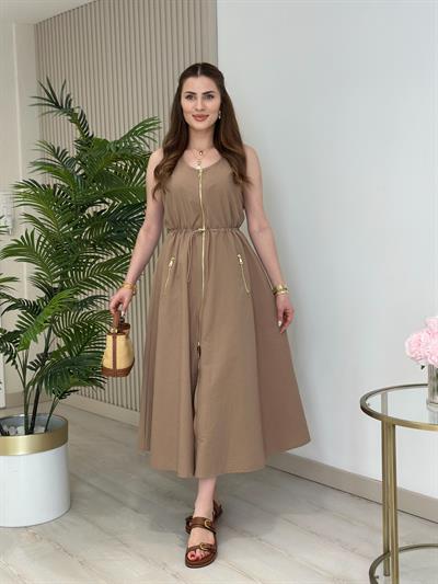 Twesty Çift Fermuarlı Beli Büzgülü Elbise Vizon