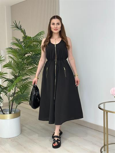 Twesty Çift Fermuarlı Beli Büzgülü Elbise Siyah