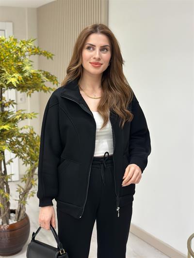 Üç İplik Şardonlu Fermuarlı Takım Siyah