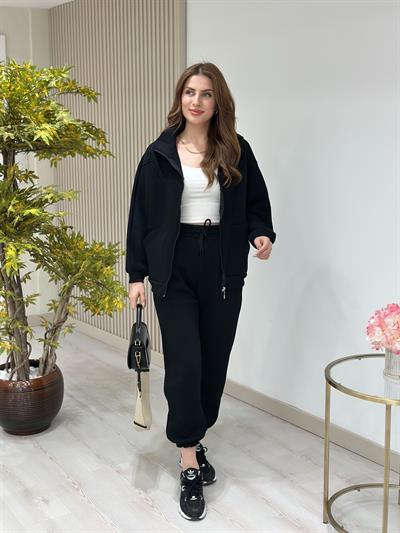 Üç İplik Şardonlu Fermuarlı Takım Siyah