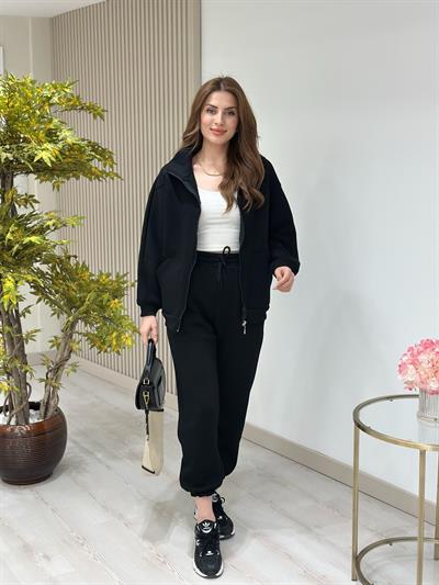 Üç İplik Şardonlu Fermuarlı Takım Siyah