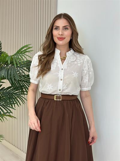 Üzeri Fistolu Prenses Kol Gömlek Beyaz