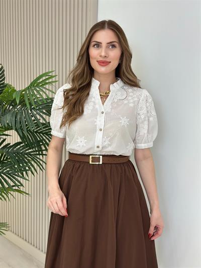 Üzeri Fistolu Prenses Kol Gömlek Beyaz