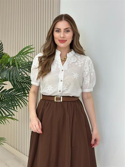 Üzeri Fistolu Prenses Kol Gömlek Beyaz