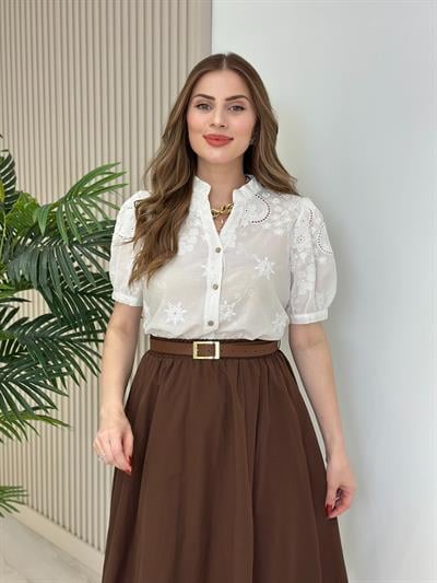 Üzeri Fistolu Prenses Kol Gömlek Beyaz