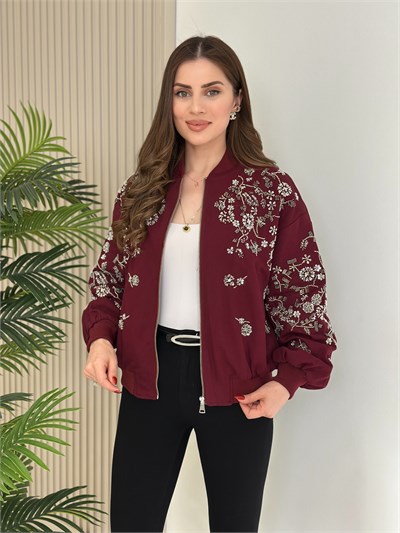 Üzeri Full Taşlı İpky Model Bomber Mont Bordo