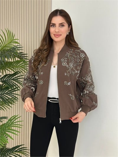 Üzeri Full Taşlı İpky Model Bomber Mont Kahve