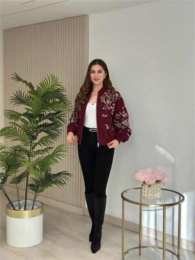 Üzeri Full Taşlı İpky Model Bomber Mont Bordo