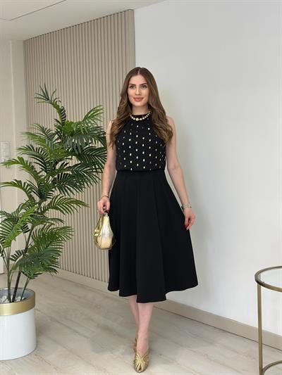 Üzeri Gold Varaklı Puantiyeli Kloş Elbise 