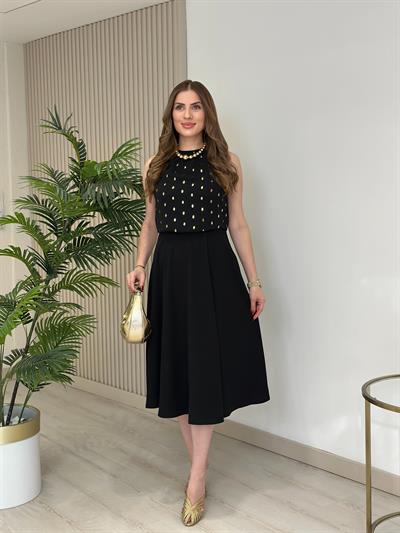 Üzeri Gold Varaklı Puantiyeli Kloş Elbise 