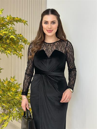Üzeri Güpür Detaylı Kadife Elbise Siyah