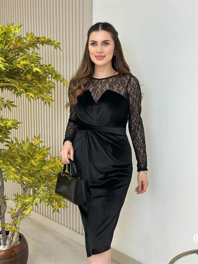 Üzeri Güpür Detaylı Kadife Elbise Siyah