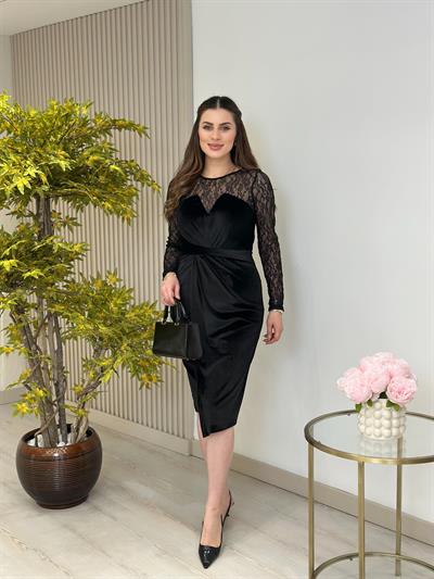 Üzeri Güpür Detaylı Kadife Elbise Siyah