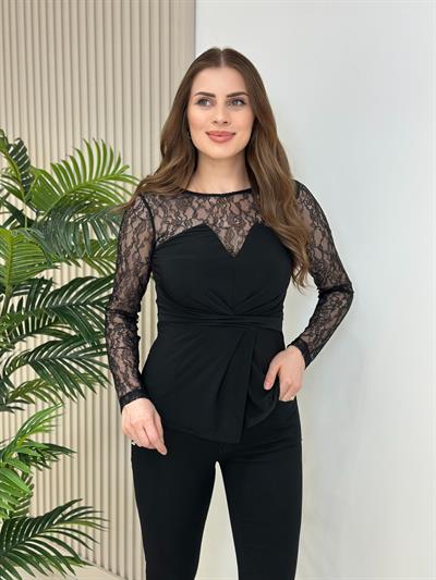 Üzeri Güpürlü Göğsü Düğüm Detaylı Bluz Siyah