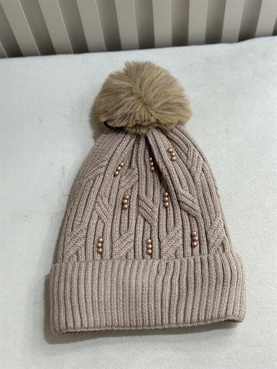 Üzeri İncili İçi Peluş Örgü Şapka Camel