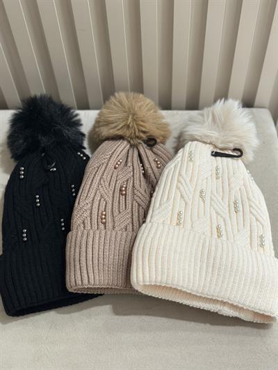 Üzeri İncili İçi Peluş Örgü Şapka Camel