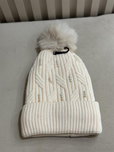 Üzeri İncili İçi Peluş Örgü Şapka Krem