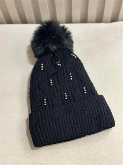 Üzeri İncili İçi Peluş Örgü Şapka Siyah 