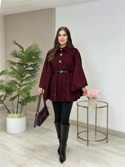 Üzeri İşleme Detaylı Kemerli Premium Seri Kaşe Panço Bordo