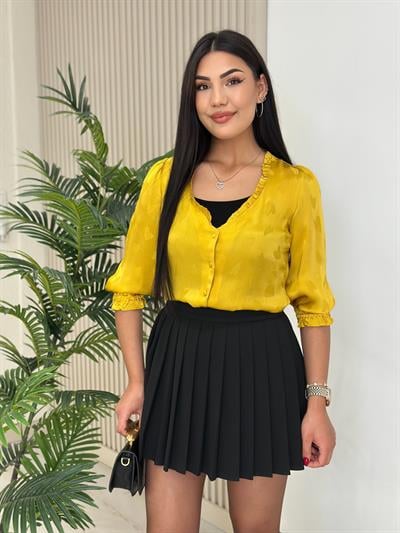 Üzeri Kalp Jakarlı Orj. Marka V Yaka Bluz Sarı