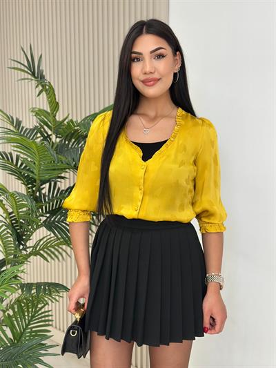 Üzeri Kalp Jakarlı Orj. Marka V Yaka Bluz Sarı