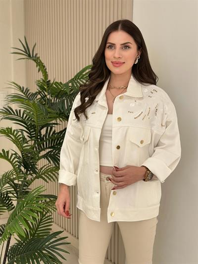 Üzeri Nakışlı Zımbalı Ekru Kot Ceket 