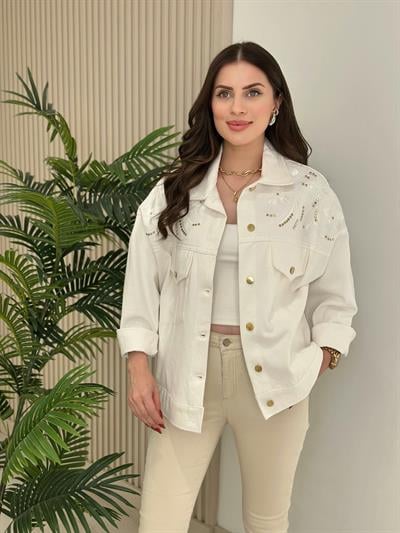 Üzeri Nakışlı Zımbalı Ekru Kot Ceket 