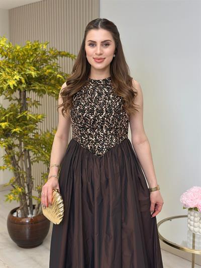 Üzeri Payetli Tasarım Elbise Kahve