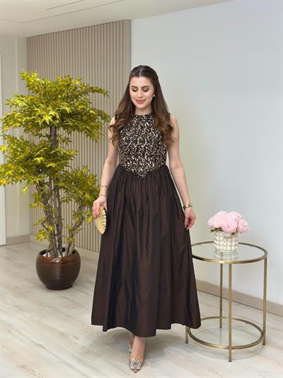 Üzeri Payetli Tasarım Elbise Kahve