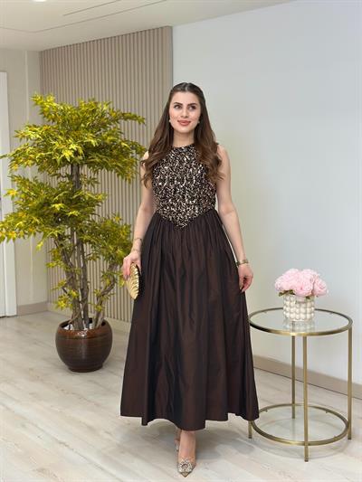 Üzeri Payetli Tasarım Elbise Kahve