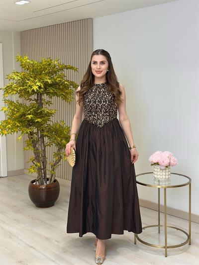 Üzeri Payetli Tasarım Elbise Kahve