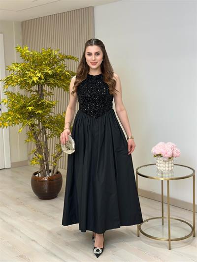 Üzeri Payetli Tasarım Elbise Siyah