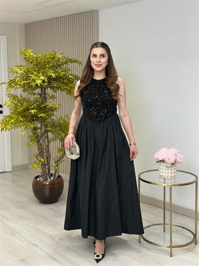 Üzeri Payetli Tasarım Elbise Siyah