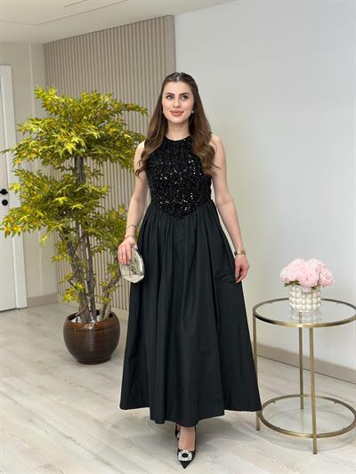 Üzeri Payetli Tasarım Elbise Siyah