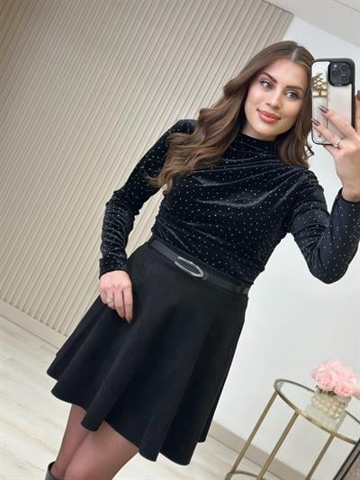 Üzeri Taşlı İthal Likralı Kadife Bluz Siyah