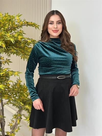Üzeri Taşlı İthal Likralı Kadife Bluz Zümrüt Yeşil