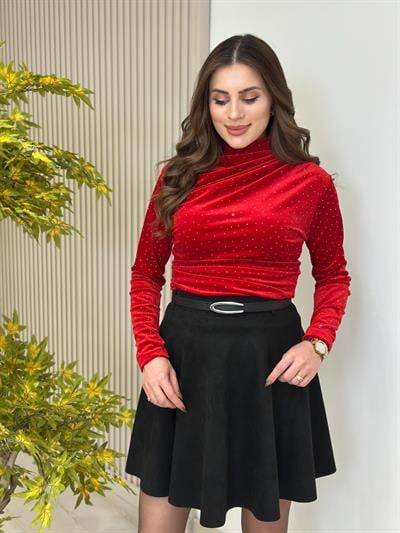 Üzeri Taşlı İthal Likralı Kadife Bluz Kırmızı
