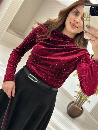 Üzeri Taşlı İthal Likralı Kadife Bluz Bordo