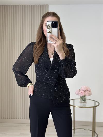 Üzeri taşlı Kolları Şifon Bluz Pantolon Takım Siyah