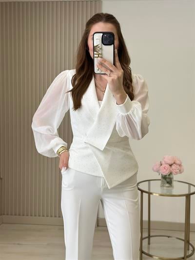 Üzeri taşlı Kolları Şifon Bluz Pantolon Takım Beyaz