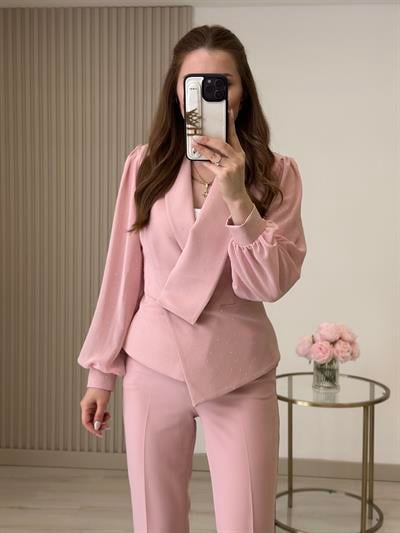 Üzeri taşlı Kolları Şifon Bluz Pantolon Takım Pudra