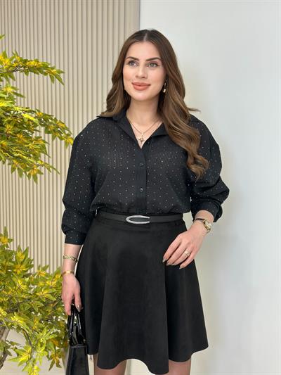Üzeri Taşlı Rahat Kalıp Gömlek Siyah