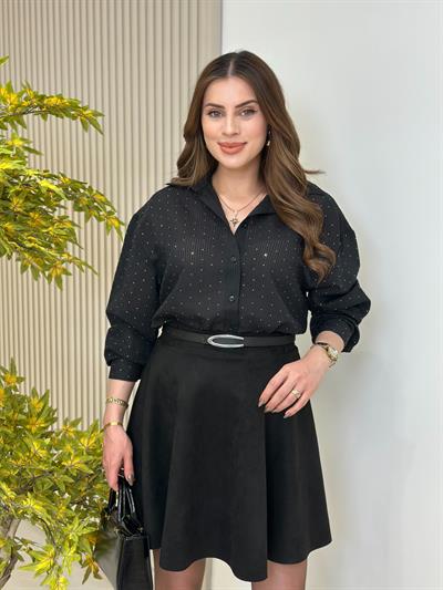 Üzeri Taşlı Rahat Kalıp Gömlek Siyah