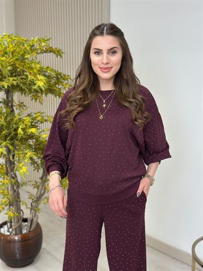 Üzeri Taşlı Tok Dokulu İthal Modal Kumaş Takım Bordo