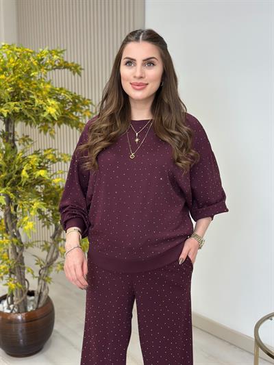 Üzeri Taşlı Tok Dokulu İthal Modal Kumaş Takım Bordo
