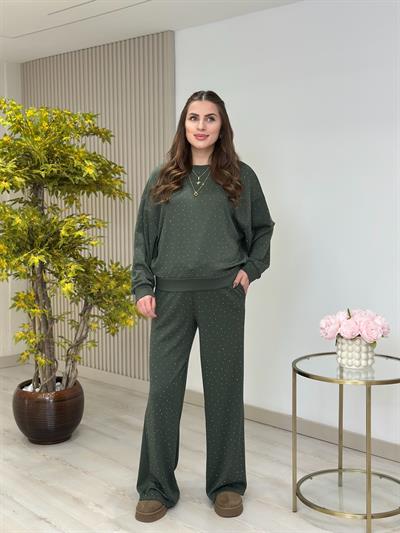 Üzeri Taşlı Tok Dokulu İthal Modal Kumaş Takım Haki